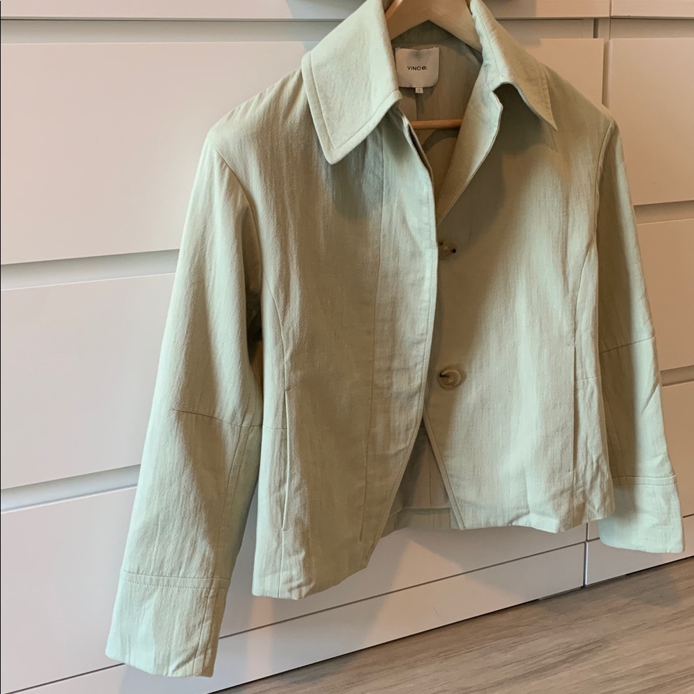 Vince Minimalist Sculptural Sage Muted Green Short Trench Jacket